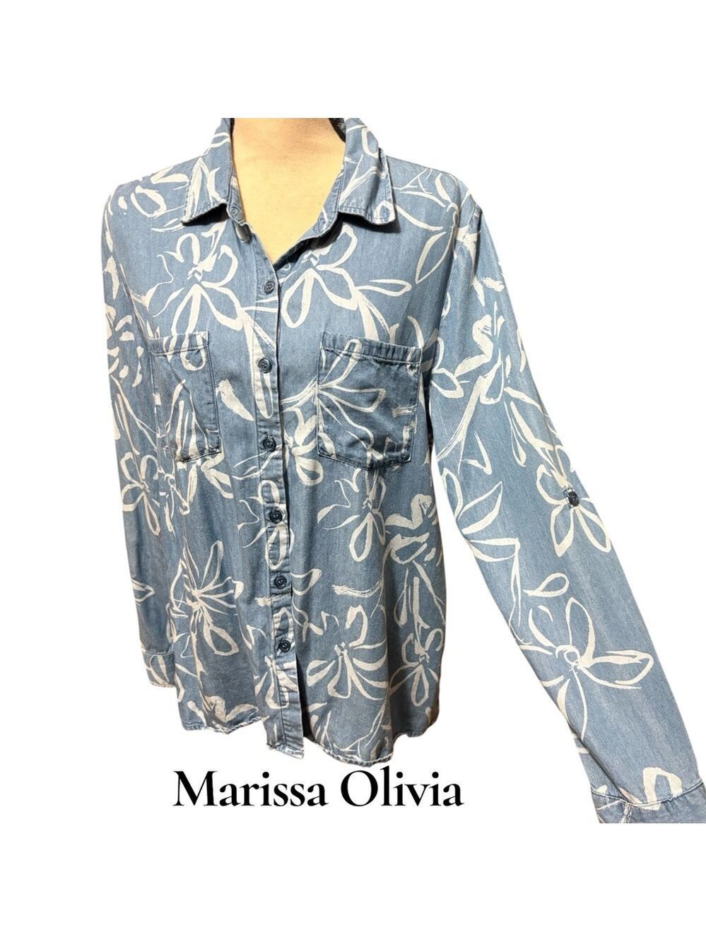 Marissa Olivia denim chambray Floral Button Down shirt. Roll tab sleeve. EUC!